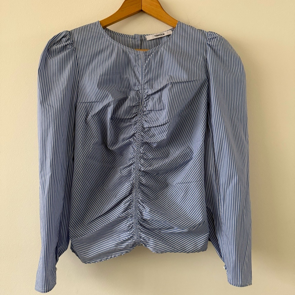Thakoon Blue & White Pinstriped Rushed Button Back LS Blouse Size 10